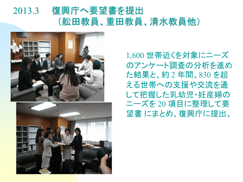 2013.3 復興庁へ要望書を提出（船田教員、重田教員、清水教員他）の様子
